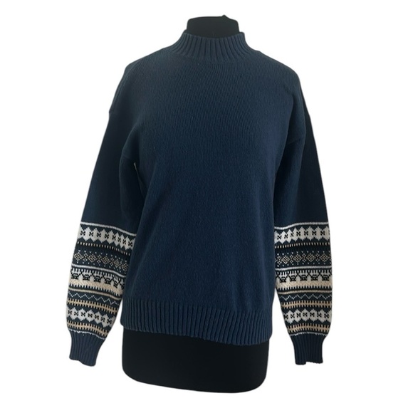 Navy mock neck sweater with Fairisle detail on sleeves size medium - Picture 1 of 8